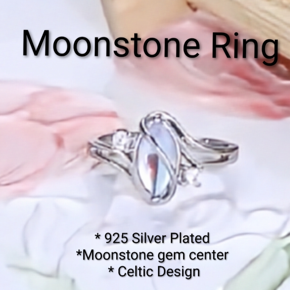 925 Silver Rainbow Moonstone Zirconia Silvery Ring Size 8 Celtic Rings - Picture 12 of 12